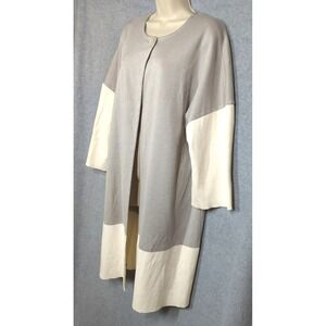 St. John Color Block Duster Cardigan Sweater Coat SZ 16 Gray Cream Quiet Luxury
